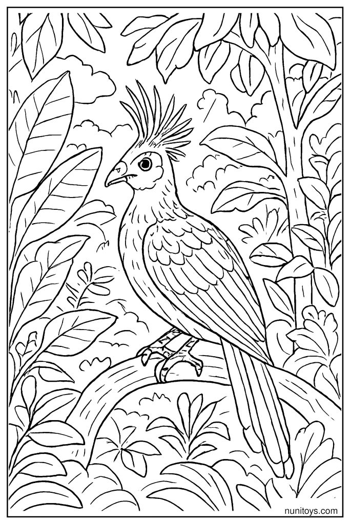 Realistic Hoatzin Bird in Rainforest Foliage Coloring Page