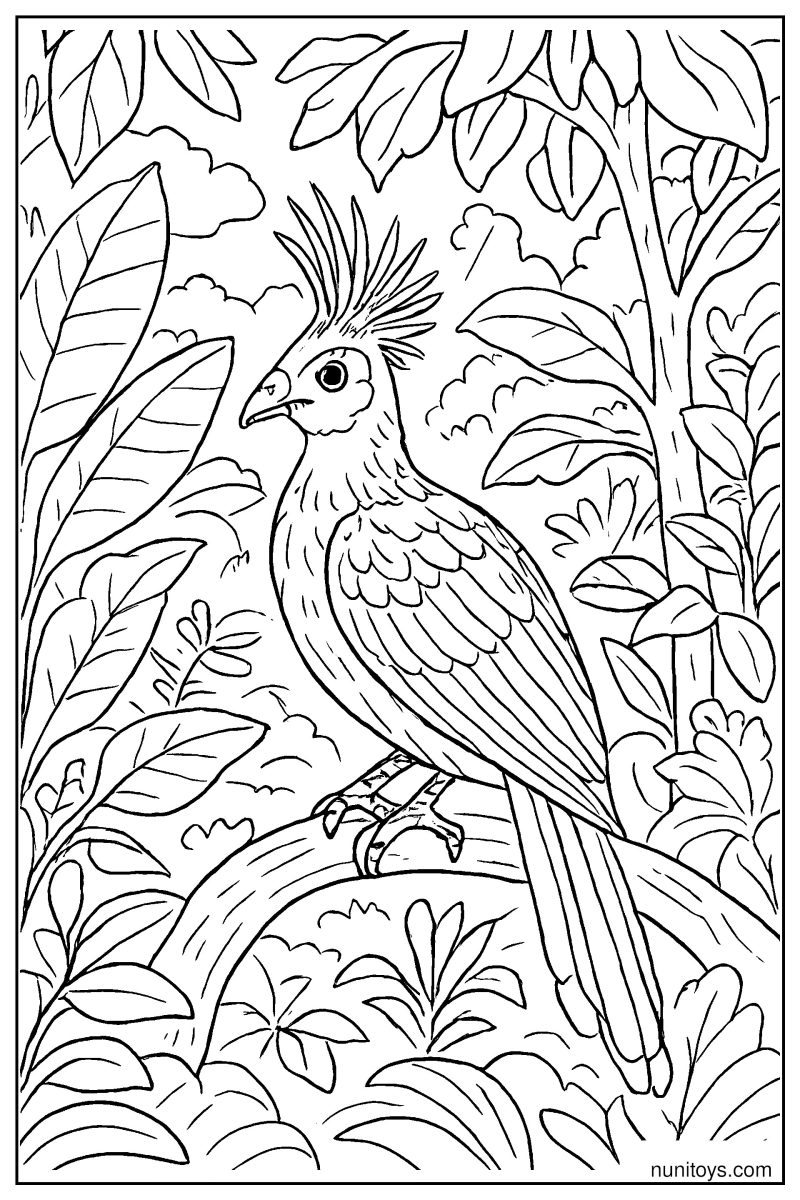 Realistic Hoatzin Bird in Rainforest Foliage Coloring Page