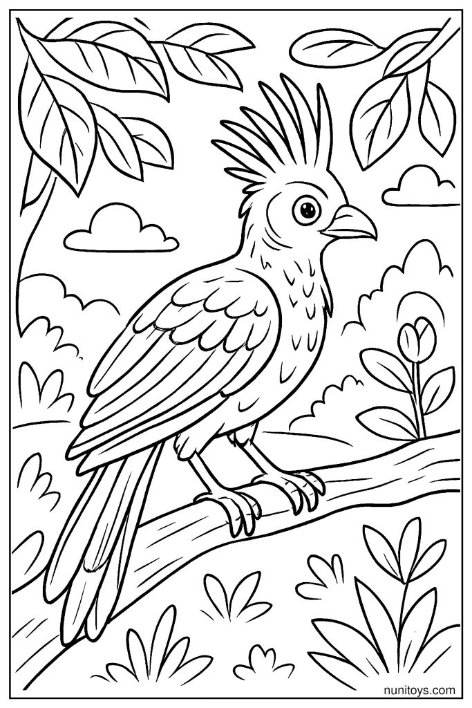 ציפור הואצין עומדת על ענף דף צביעה בסגנון ריאליסטי