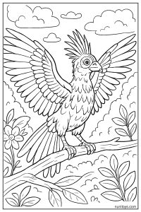 דף צביעה ציפור הואצין פורשת כנפיים על ענף בג'ונגל