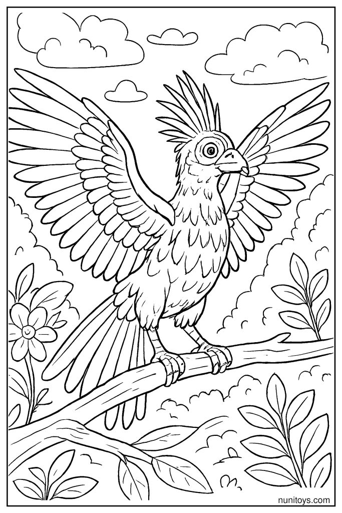 דף צביעה ציפור הואצין פורשת כנפיים על ענף בג'ונגל