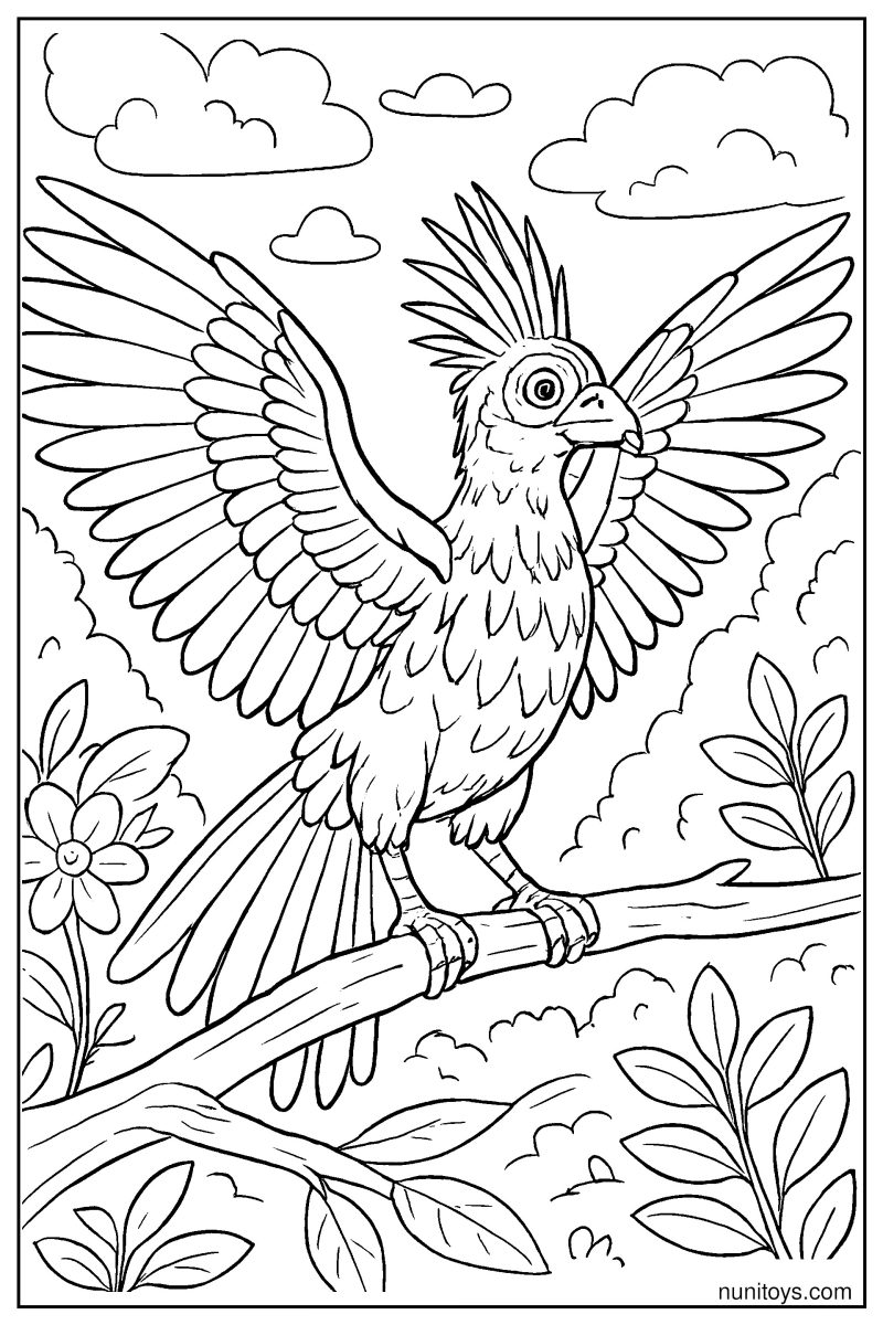 דף צביעה ציפור הואצין פורשת כנפיים על ענף בג'ונגל