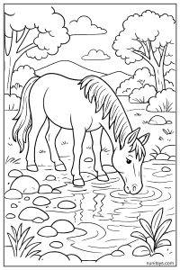 Realistic Horse Drinking Water from a River Coloring Page