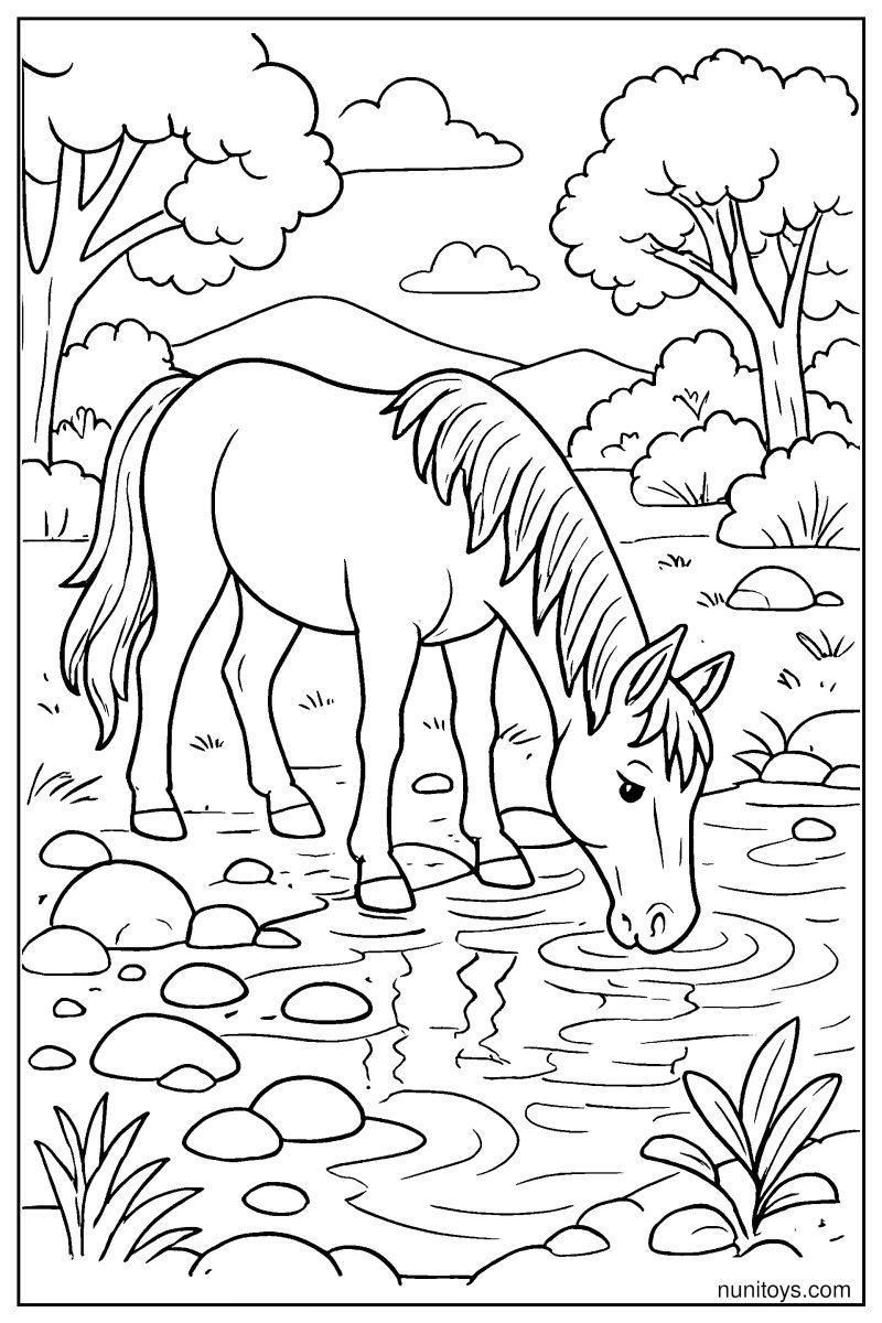 Realistic Horse Drinking Water from a River Coloring Page