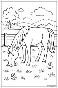 Realistic Horse Grazing Calmly in Pasture Coloring Page