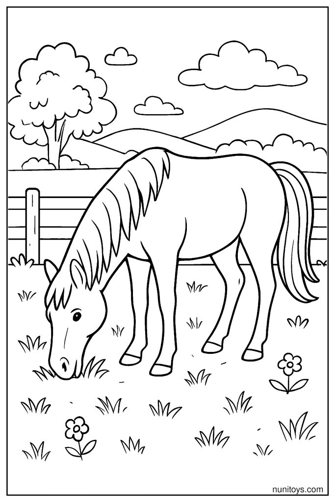 Realistic Horse Grazing Calmly in Pasture Coloring Page