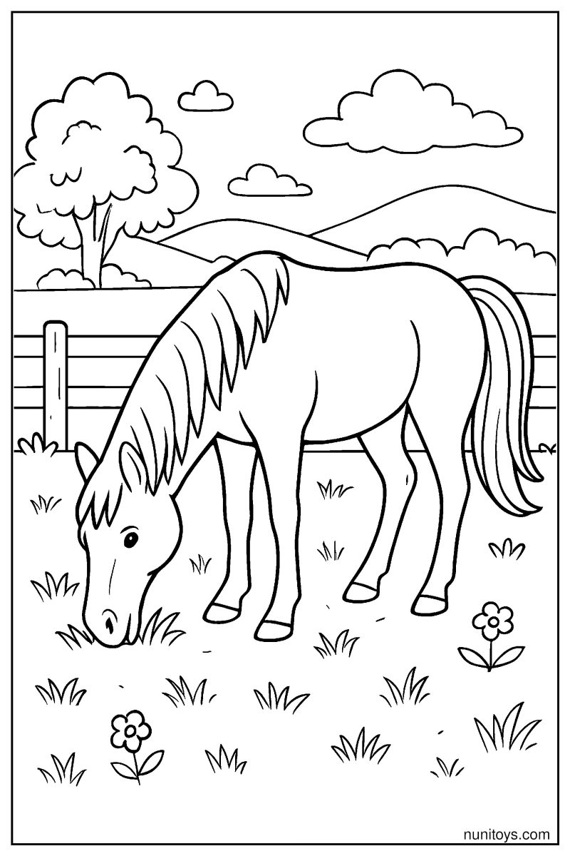 Realistic Horse Grazing Calmly in Pasture Coloring Page