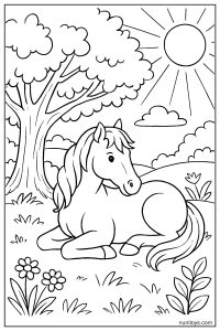 Realistic Horse Resting Under a Sunlit Tree Coloring Page