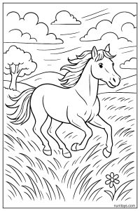 Realistic Horse Running Freely Across an Open Field Coloring Page