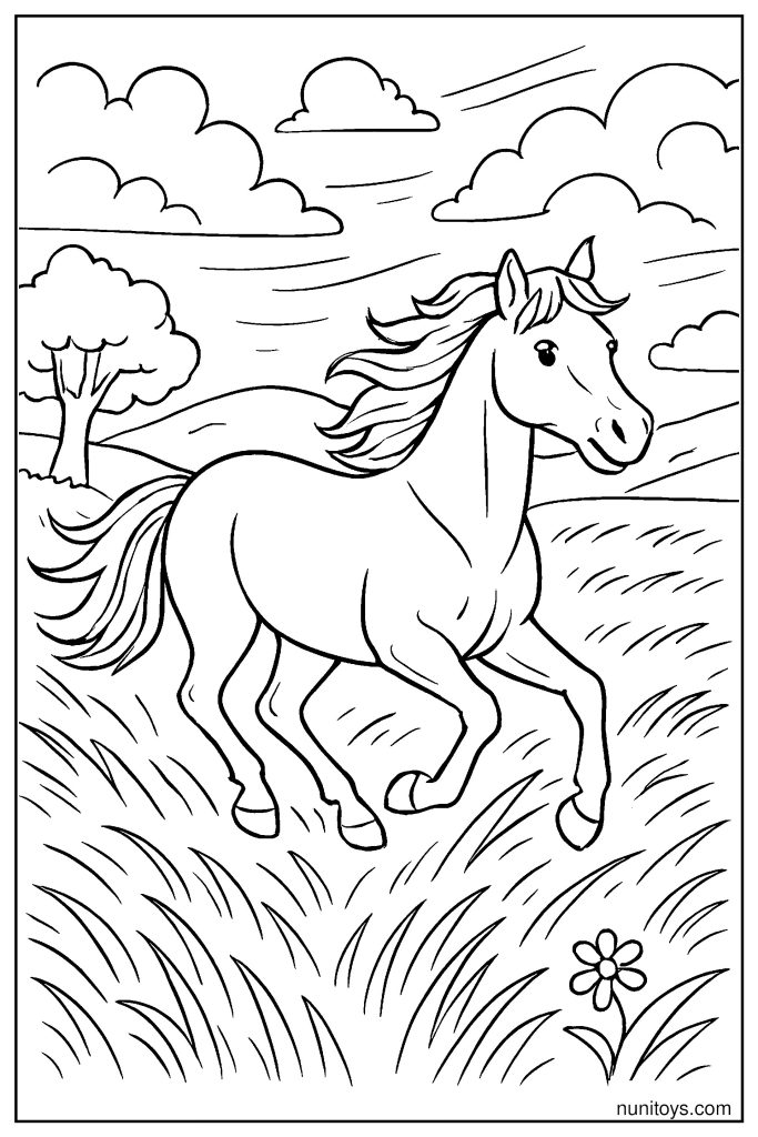 Realistic Horse Running Freely Across an Open Field Coloring Page
