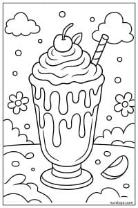 דף צביעה של מילקשייק עם קצפת וציפוי נוזל ודובדבן