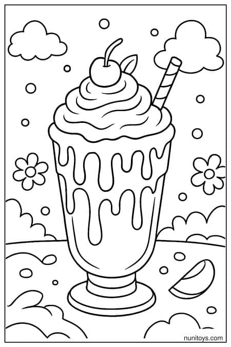 Realistic Milkshake Coloring Page with Syrup Dripping Glass