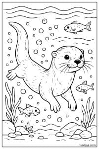 דף צביעה של לוטרה שוחה בין דגים מתחת למים