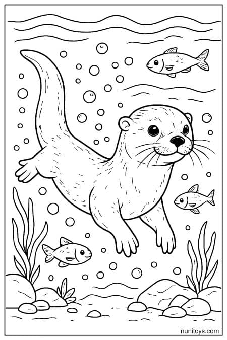 Otter swims underwater surrounded by fish and bubbles coloring page