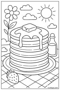 דף צביעה של ערימת פנקייקים עם חמאה וסירופ על צלחת