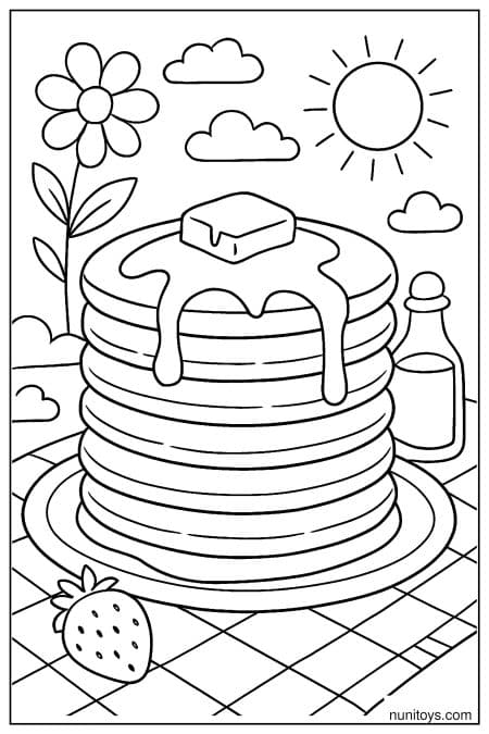 Warm Morning Scene with a Delicious Pancake Stack Coloring Page