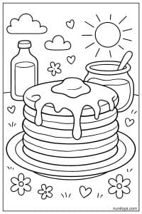 דף צביעה של פנקייקים עם סירופ וריבה בין לבבות ופרחים