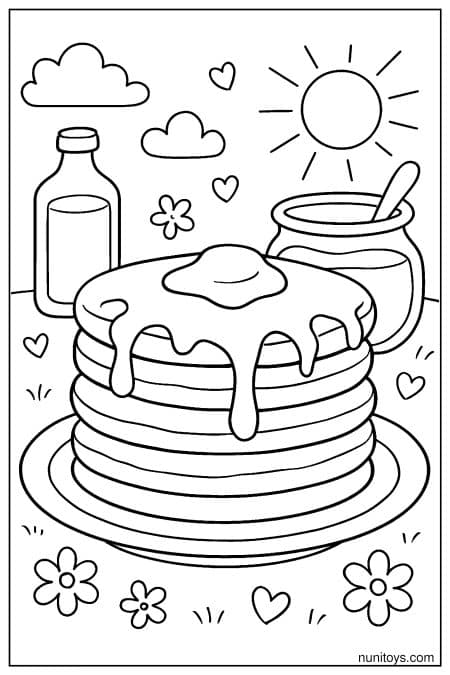 Pancakes with Honey Pour and Flowers Under the Sun Coloring Page