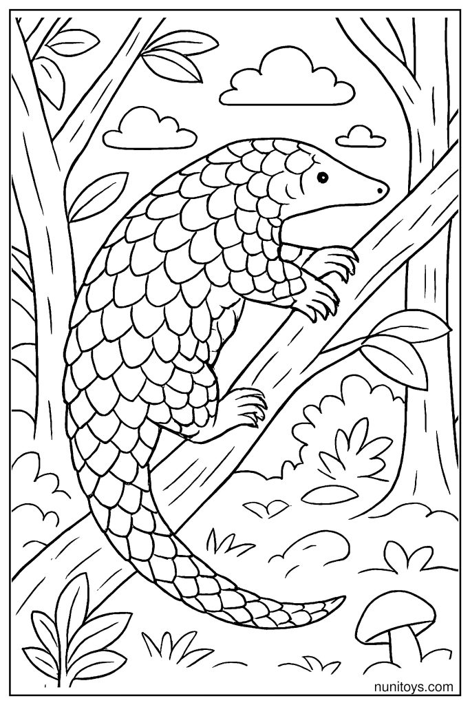 Realistic Pangolin Climbing Tree Branch Coloring Page
