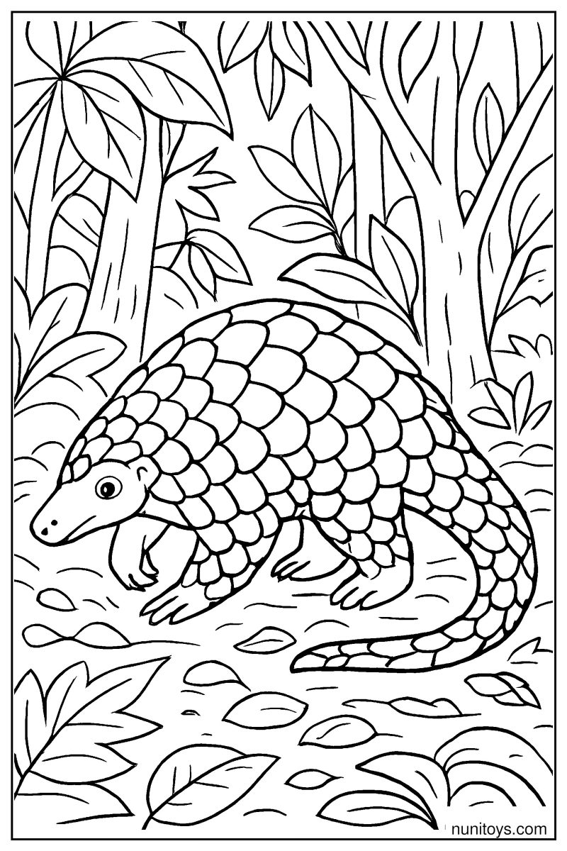 Realistic Pangolin in a Dense Forest Coloring Page