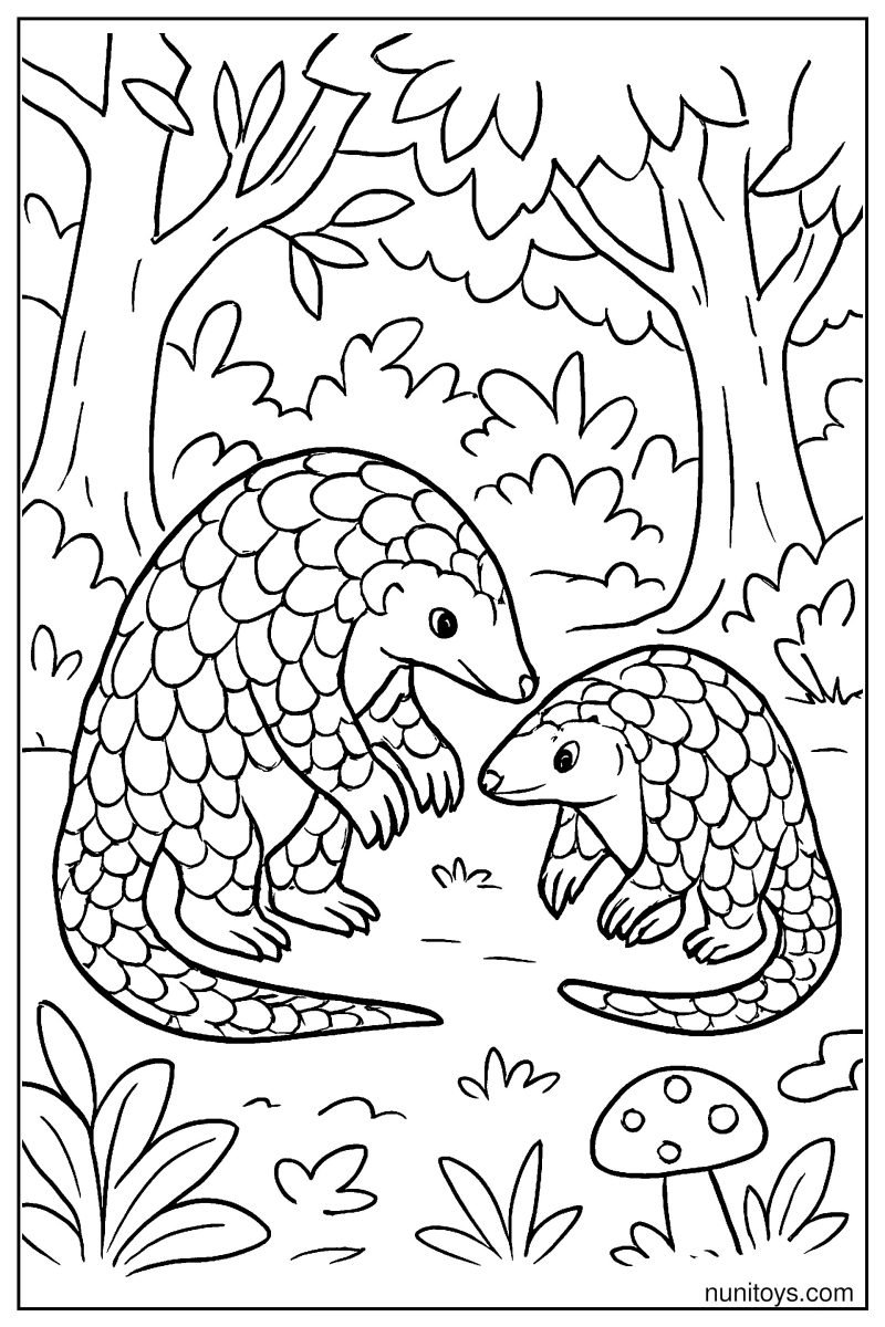 Realistic Pangolin Pair Interacting in a Forest Coloring Page