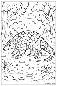 דף צביעה פנגולין צועד בשביל יער בין עצים ושיחים