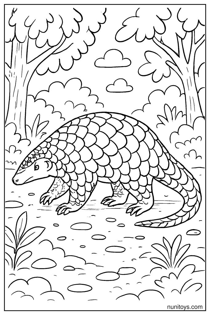Realistic Pangolin Walking on Forest Floor Coloring Page