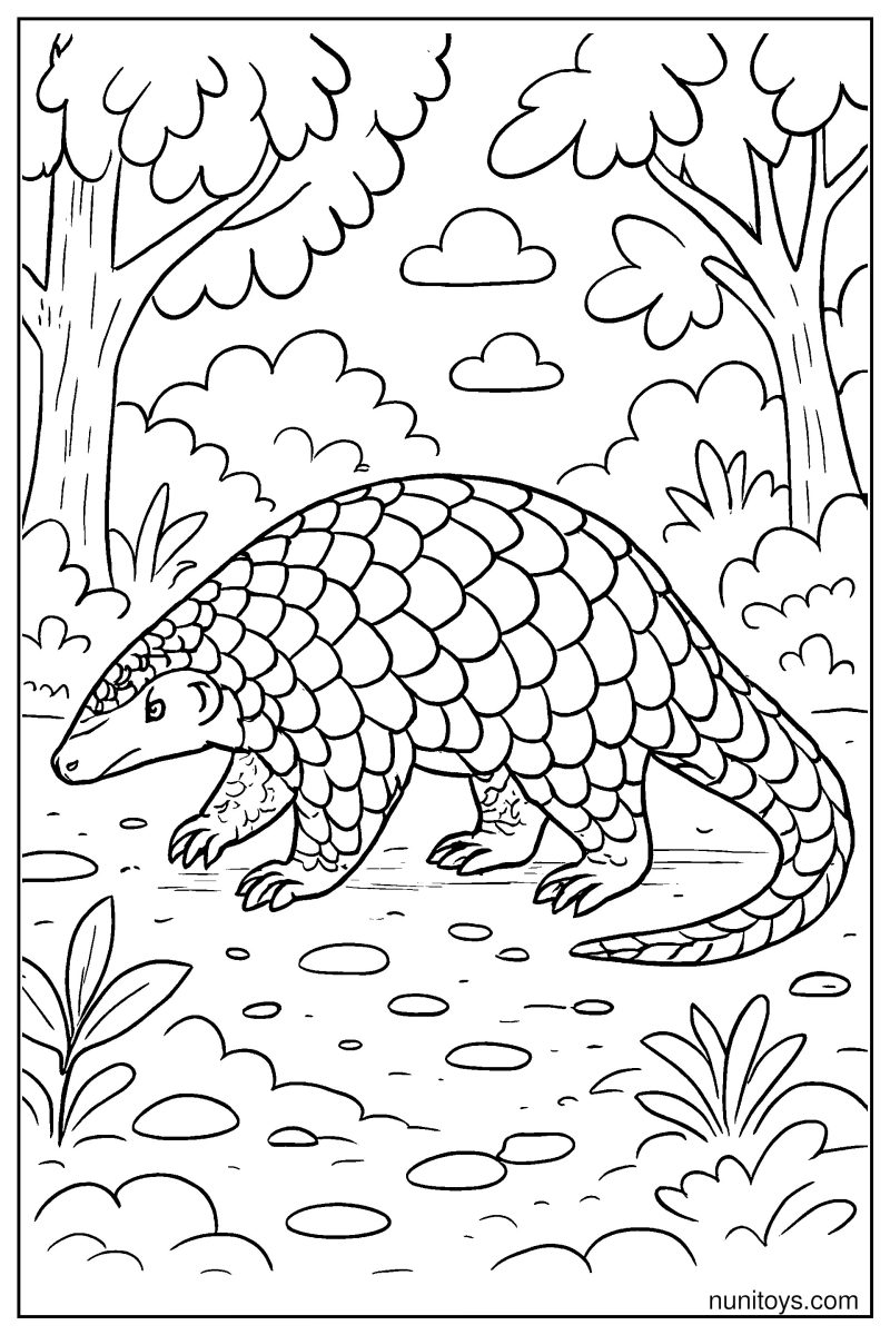 Realistic Pangolin Walking on Forest Floor Coloring Page