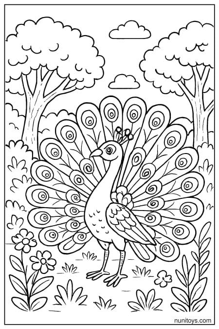 Peacock displays wide tail feathers in the forest free coloring page