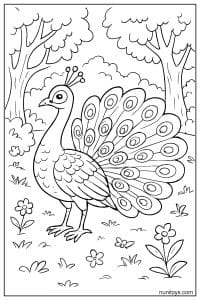 דף צביעה טווס עומד ביער בין עצים ופרחים