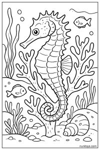 Detailed Seahorse Coloring Page with Coral and Shell