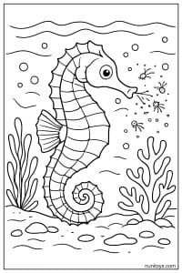 Printable Seahorse Blowing Bubbles Underwater Scene