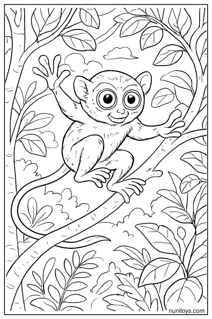 Tarsier Sitting on Curved Jungle Branch Coloring Page