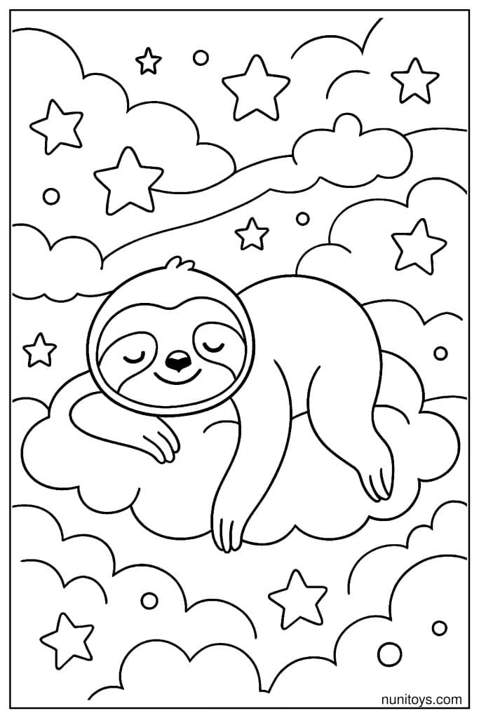 דף צביעה של עצלן ישן על ענן בין כוכבים בשמיים