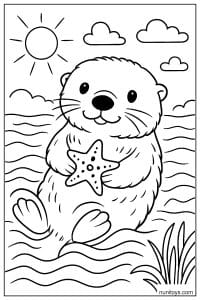 דף צביעה של לוטרה מחזיקה כוכב ים בתוך המים