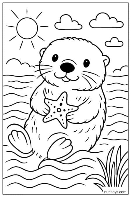 Otter holds starfish while floating in calm water coloring page