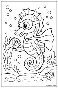 Free Seahorse Coloring Sheet with Fish and Flowing Cape
