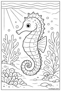Printable Seahorse with Light Rays and Ocean Floor Details