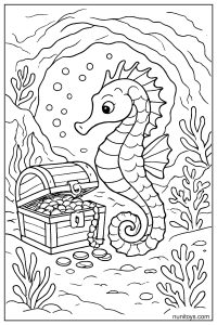 Free Seahorse Coloring Sheet with Treasure Chest Scene
