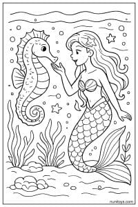 Mermaid and Seahorse Coloring Page Underwater Scene