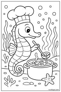 Printable Seahorse Chef Cooking in Underwater Pot