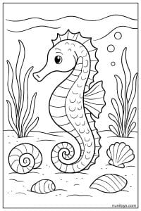 Free Seahorse Coloring Sheet with Shells on Seabed