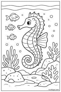 Free Seahorse Coloring Sheet with Fish and Coral Scene