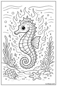 Free Seahorse Coloring Sheet with Flame-Like Surrounding Shapes