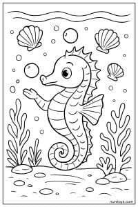 Seahorse Coloring Page with Shells and Sea Plants