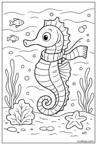 Free Seahorse Coloring Sheet Wearing Scarf Underwater