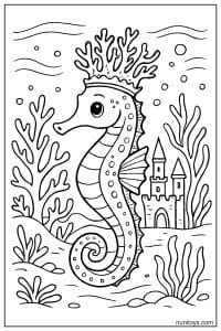 Printable Seahorse with Coral Crown and Underwater Castle