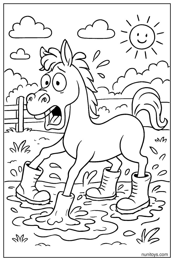 Silly Horse with big Boots Stuck in Mud Coloring Page