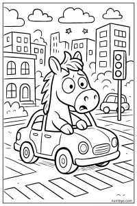 Silly Horse in a Tiny Car in a Busy Cartoon City Coloring Page