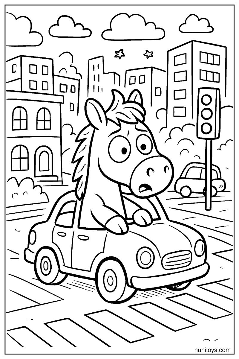 Silly Horse in a Tiny Car in a Busy Cartoon City Coloring Page